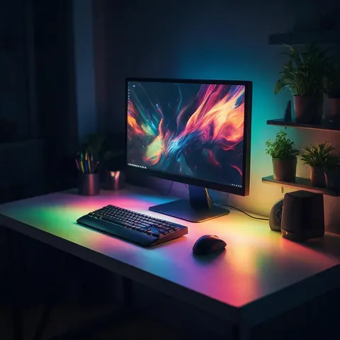 Wide photo of a tidy gaming desk with soft RGB glow