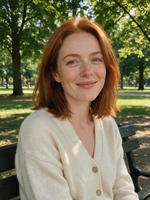 Original photo of a smiling woman with auburn hair in a cream cardigan on a sunny park bench (before)