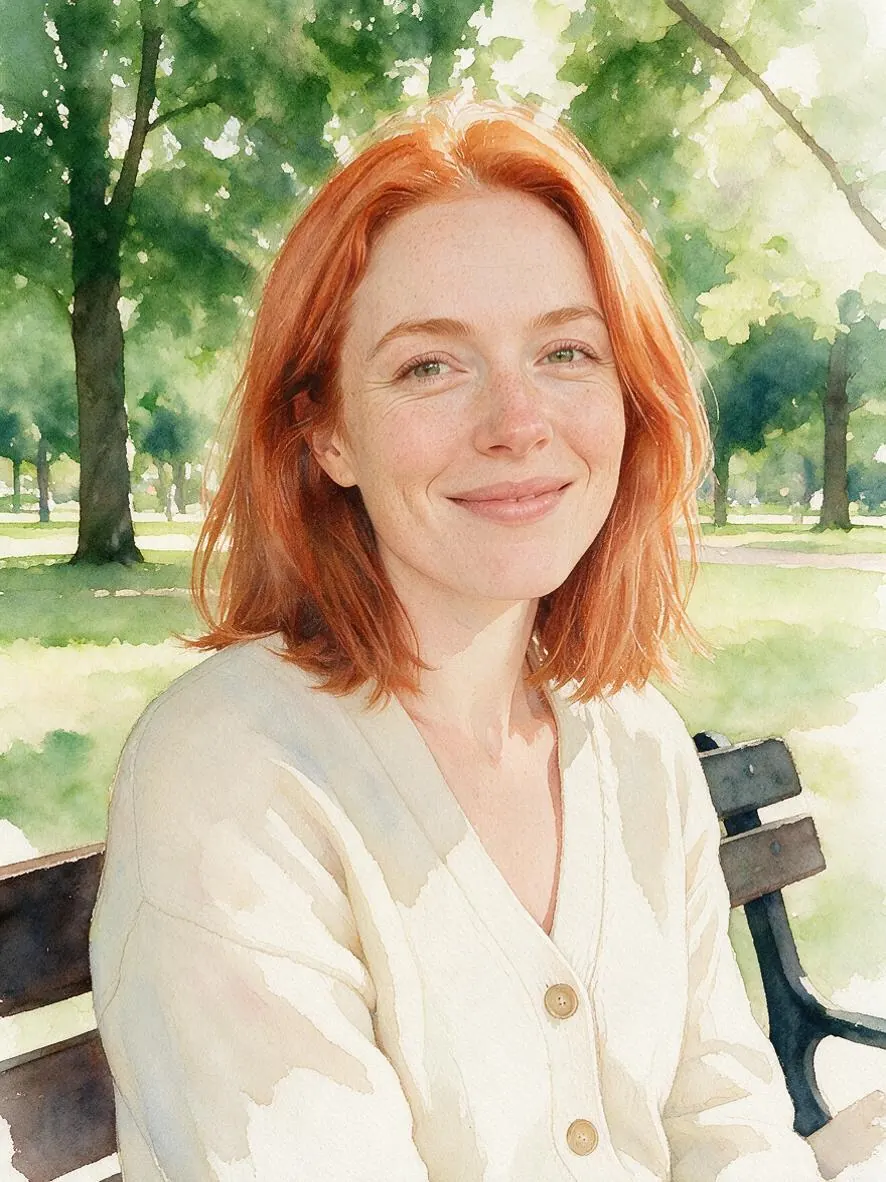 Original photo of a smiling woman with auburn hair in a cream cardigan on a sunny park bench (after)