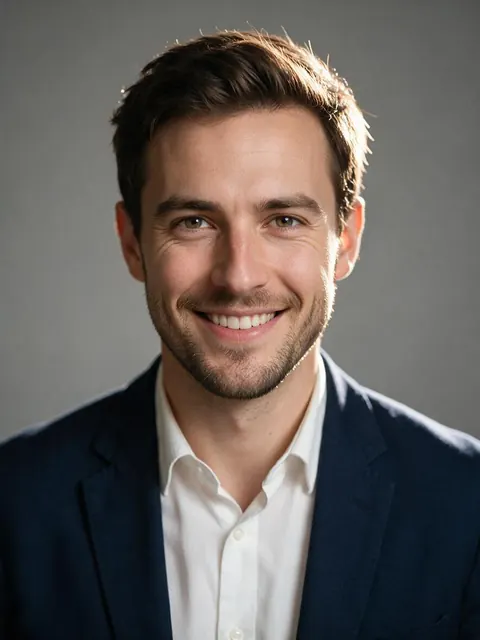 Studio headshot of a young man in a navy blazer against a neutral grey backdrop