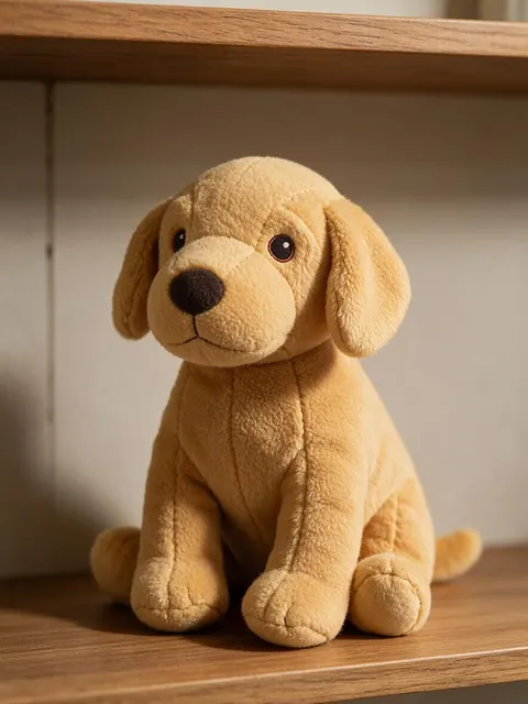 A plush-toy golden retriever with stitched seams and embroidered eyes sitting on a wooden shelf