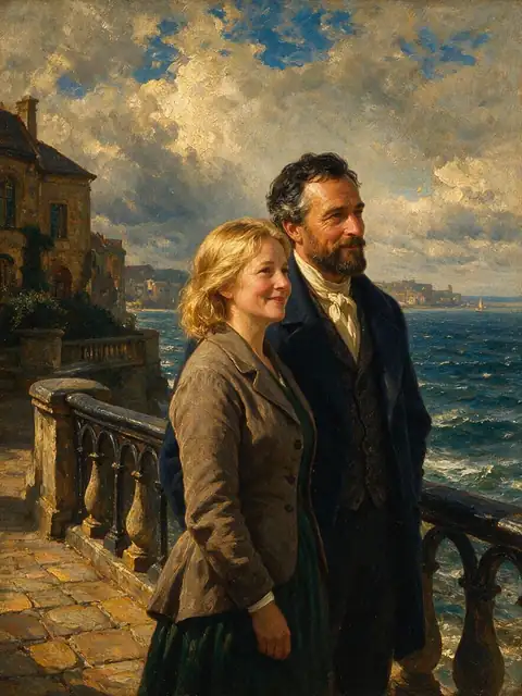 Oil painting of a couple on a seaside promenade with thick brushstrokes and warm lighting
