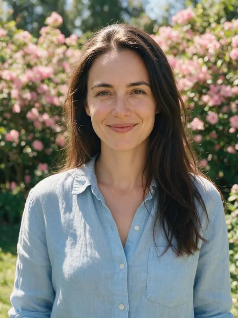 Original photo of a smiling woman with long dark-brown hair in a light blue shirt in a sunny garden with pink flowers (before)