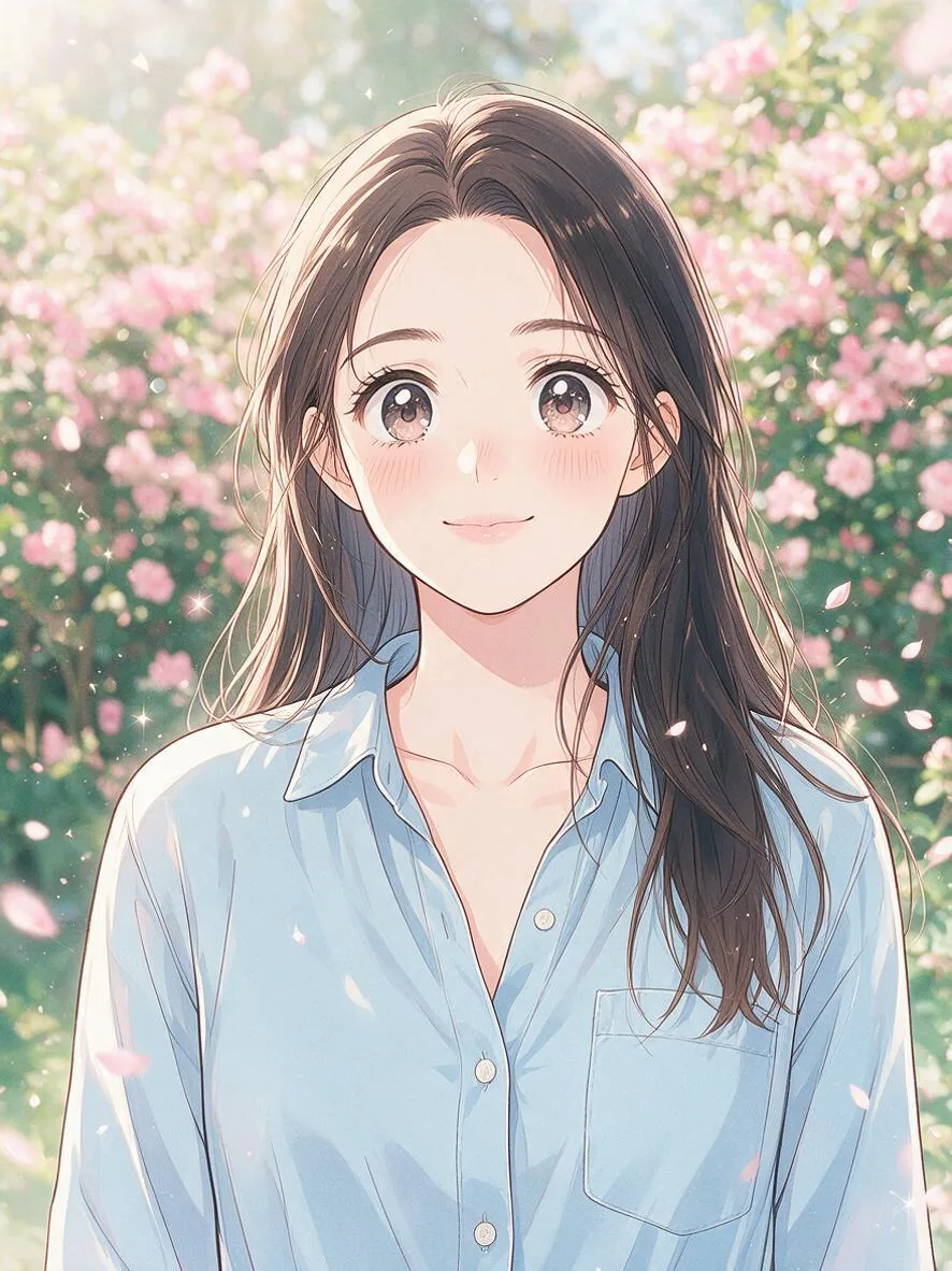 Original photo of a smiling woman with long dark-brown hair in a light blue shirt in a sunny garden with pink flowers (after)