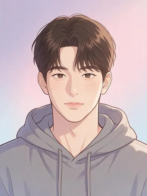 Webtoon-style portrait of a young man with brown hair in a grey hoodie against a pastel background