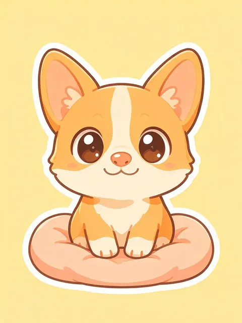 Chibi anime corgi with a big head and shiny eyes sitting on a cushion