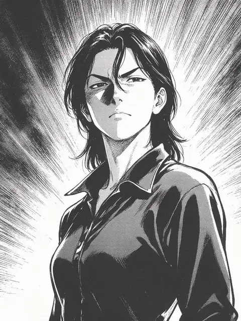 Black-and-white manga panel of a determined woman in a sports jacket with speed lines behind her