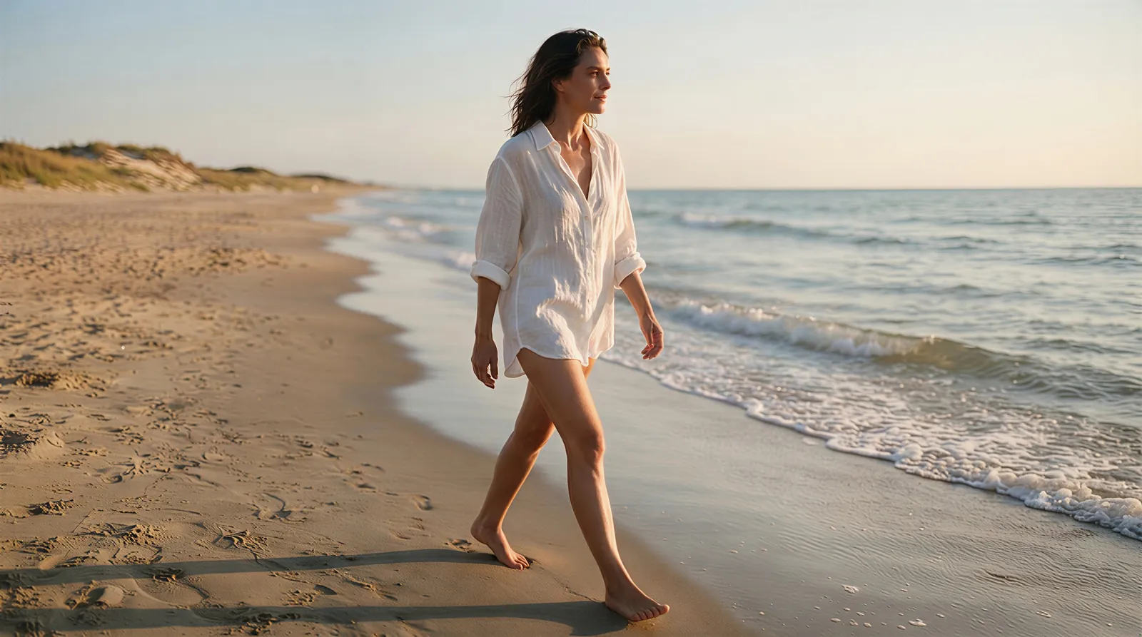 Vertical photo of a woman in a white shirt walking along a beach at golden hour (after)