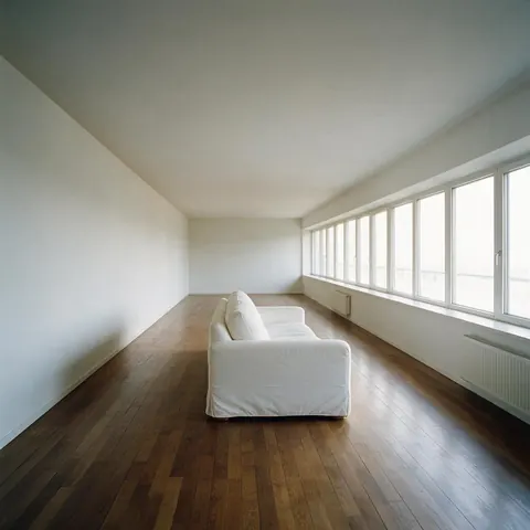 Wide photo of a minimalist interior with a white sofa