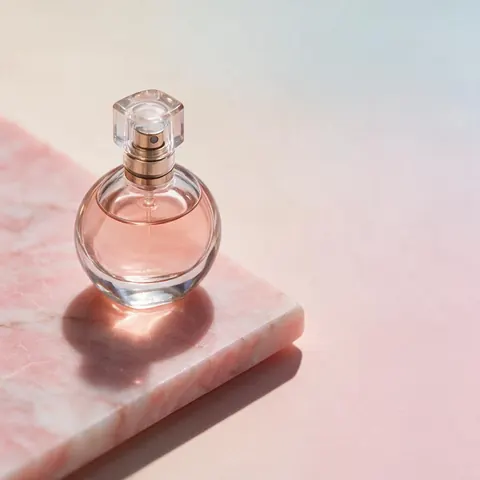 Wide banner photo of a perfume bottle on pink marble