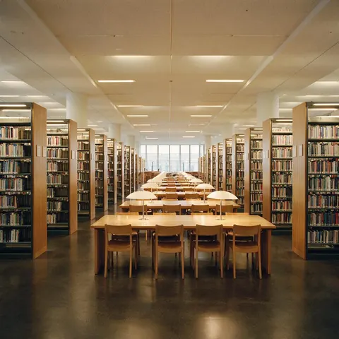 Wide photo of a modern library reading room