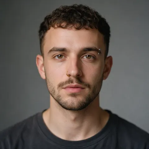 Man in his 20s with a gold nostril hoop and eyebrow bar