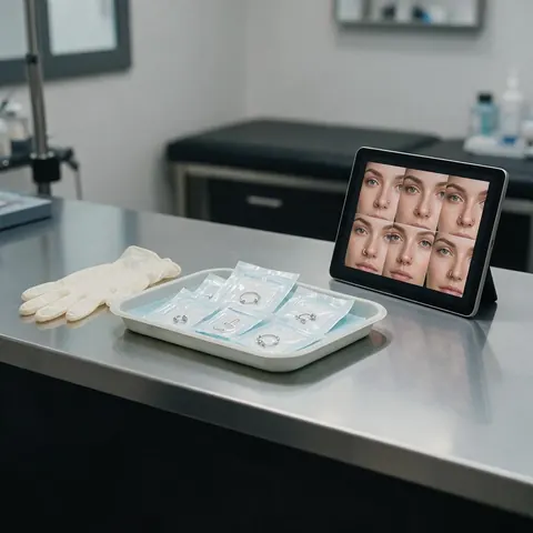 Packaged jewellery and gloves beside a tablet with piercing previews