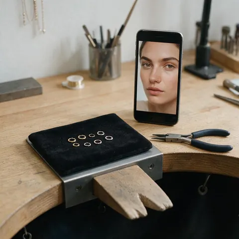 Small hoops on a velvet pad beside a phone preview