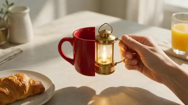 Looping clip of a red mug turning into a glowing lantern in someone's hand