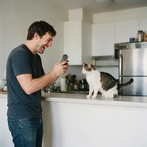 Man laughing while filming his cat on a kitchen counter