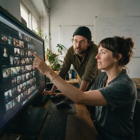Two creatives reviewing video options on a monitor in a small studio