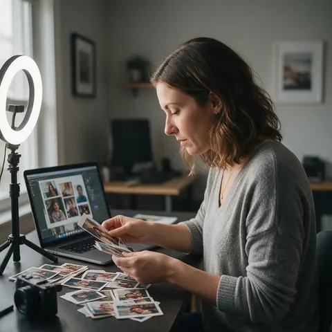 Creator sorting printed reference photos at a home desk