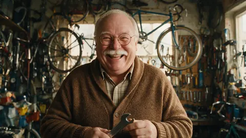 Photo of a grinning older man with a wrench in a bicycle workshop (before)