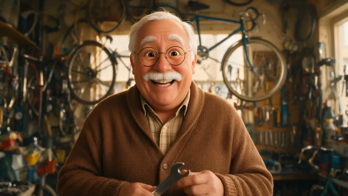 Photo of a grinning older man with a wrench in a bicycle workshop (after)