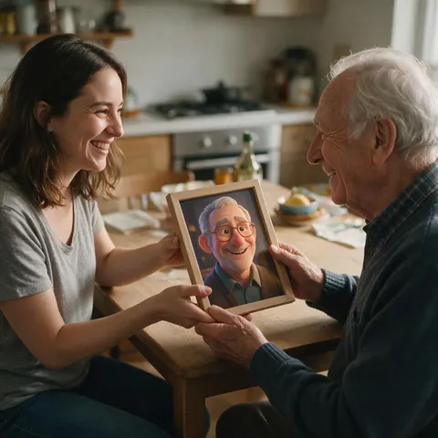 Handing a framed 3D character portrait to an older man