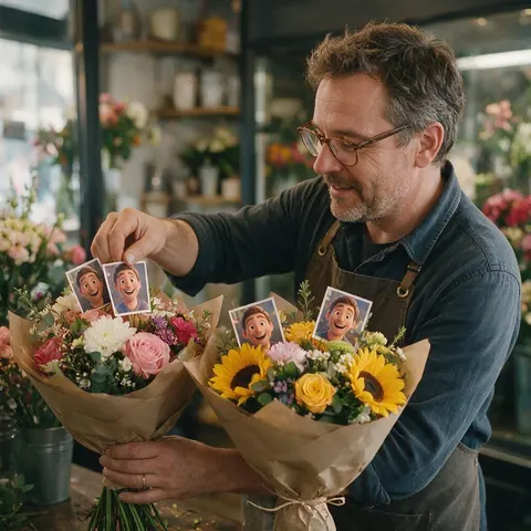 Florist tucking cards with a 3D character portrait into bouquets