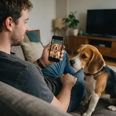 Pet sitter showing a 3D animated picture of a beagle