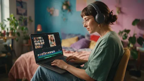 A creator editing short clips in a colourful bedroom studio