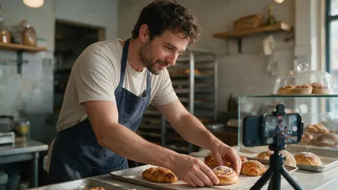 A bakery owner arranging pastries while a phone films