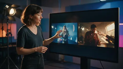 A designer comparing two video clips side by side on a monitor