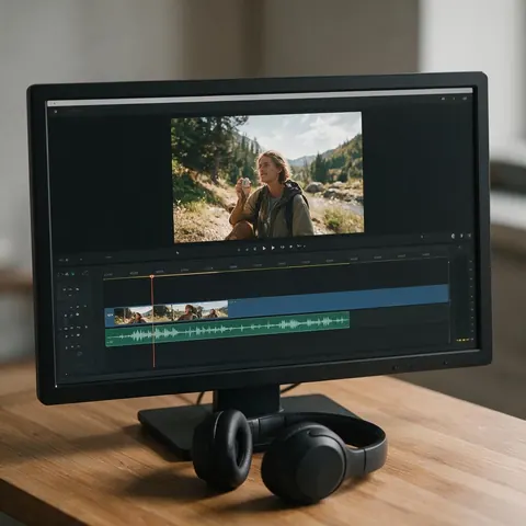 Video edit with a voice-over track below a travel clip
