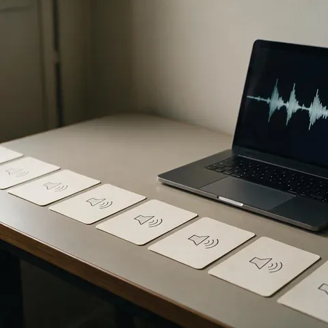 Lesson cards beside a laptop with a narration waveform
