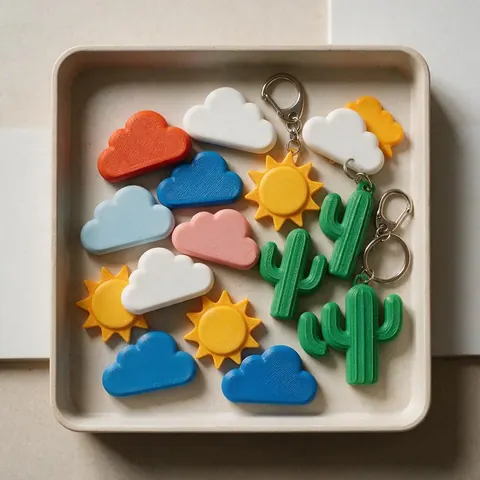 Tray of 3D printed cloud, sun and cactus magnets and keychains
