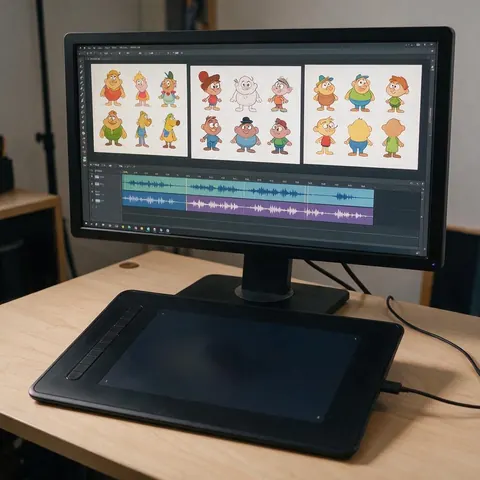 Monitor with cartoon character sheets and dialogue tracks above a drawing tablet