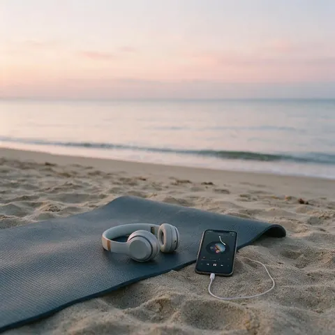 Yoga mat, headphones and a phone playing audio on a calm beach at dawn