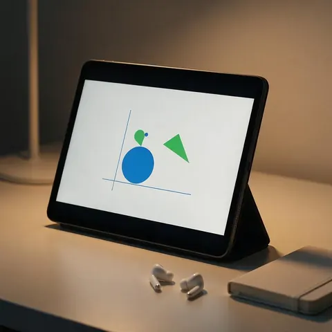 Tablet playing a narrated science slide beside earbuds and a notebook