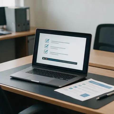 Laptop with a training slide of tick icons and a play bar beside a handout