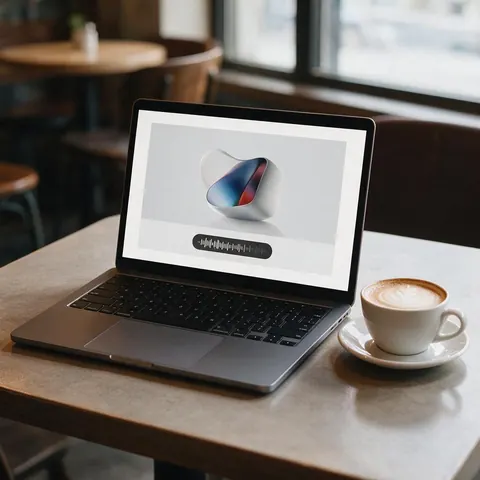 Laptop on a café table showing a product slide with an audio bar