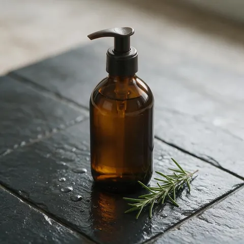 Unbranded amber soap bottle on wet slate with rosemary