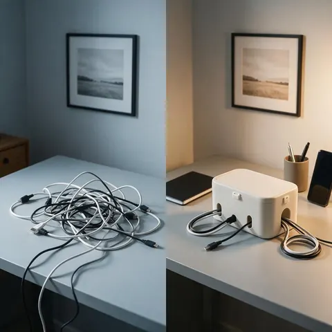 Problem and solution product ad: tangled cables, then a tidy desk with a cable box