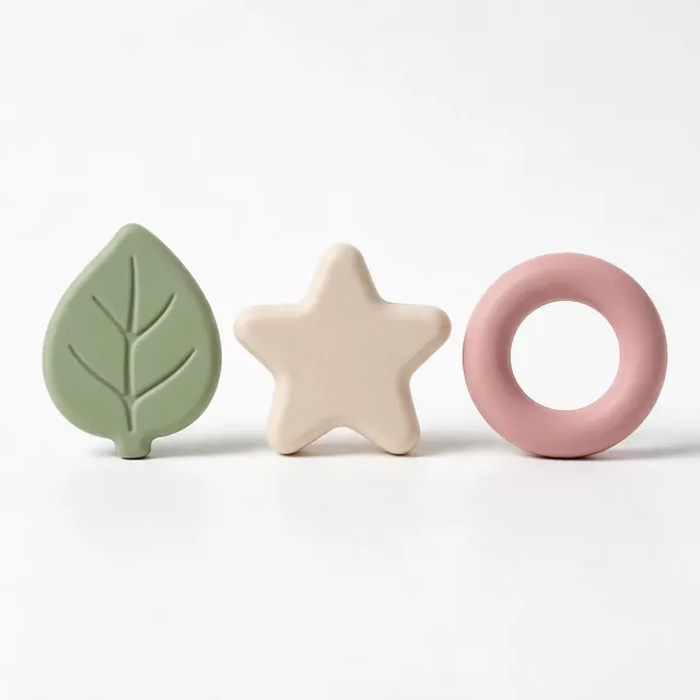 Baby teether set on white: AI-generated studio-white product ad of a silicone baby teether set