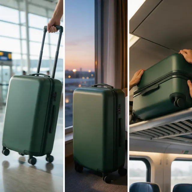 Carry-on suitcase social proof: AI-generated social-proof ad: one suitcase in three real travel moments