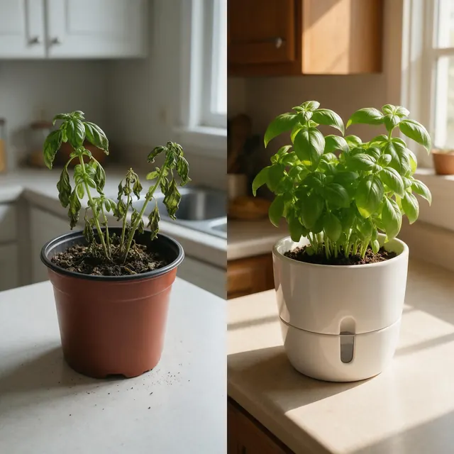 Self-watering planter comparison: AI-generated comparison ad: a plain pot vs a self-watering planter