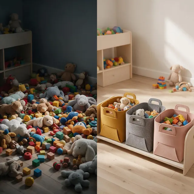 Toy storage problem-solution: AI-generated problem-solution ad: a toy mess, then tidy fabric bins