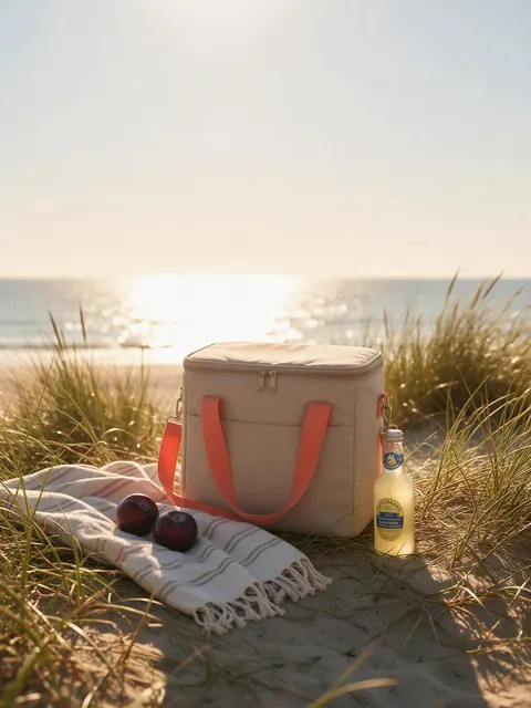 Picnic cooler bag scene poster: AI-generated scene poster of an insulated cooler bag on a beach dune