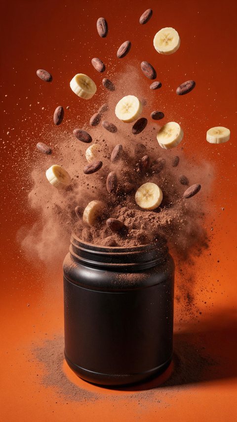 Protein powder hypermotion ad: AI-generated hypermotion ad: a protein tub bursts through a cloud of powder