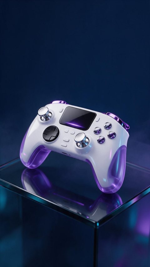 Game controller product showcase: AI-generated product showcase: a wireless controller turning in neon light