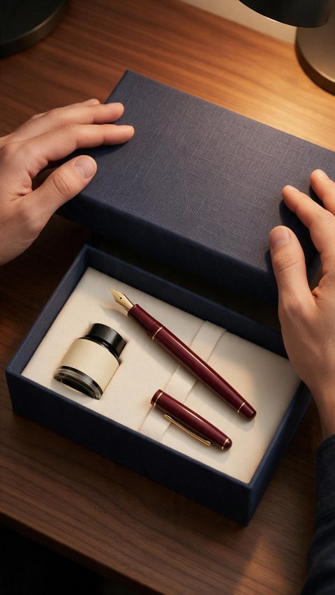 Fountain pen gift unboxing: AI-generated hands-only unboxing ad of a fountain pen gift set