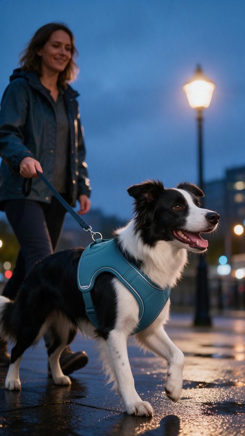 Reflective dog harness walk: AI-generated lifestyle ad: a dog in a reflective harness on an evening walk