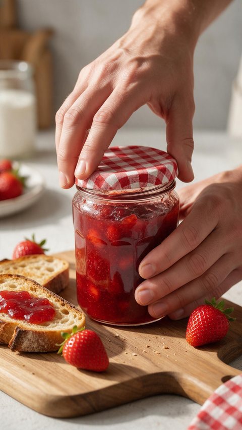 Strawberry jam jar ASMR: AI-generated ASMR ad: hands open a jar of strawberry jam and scoop it